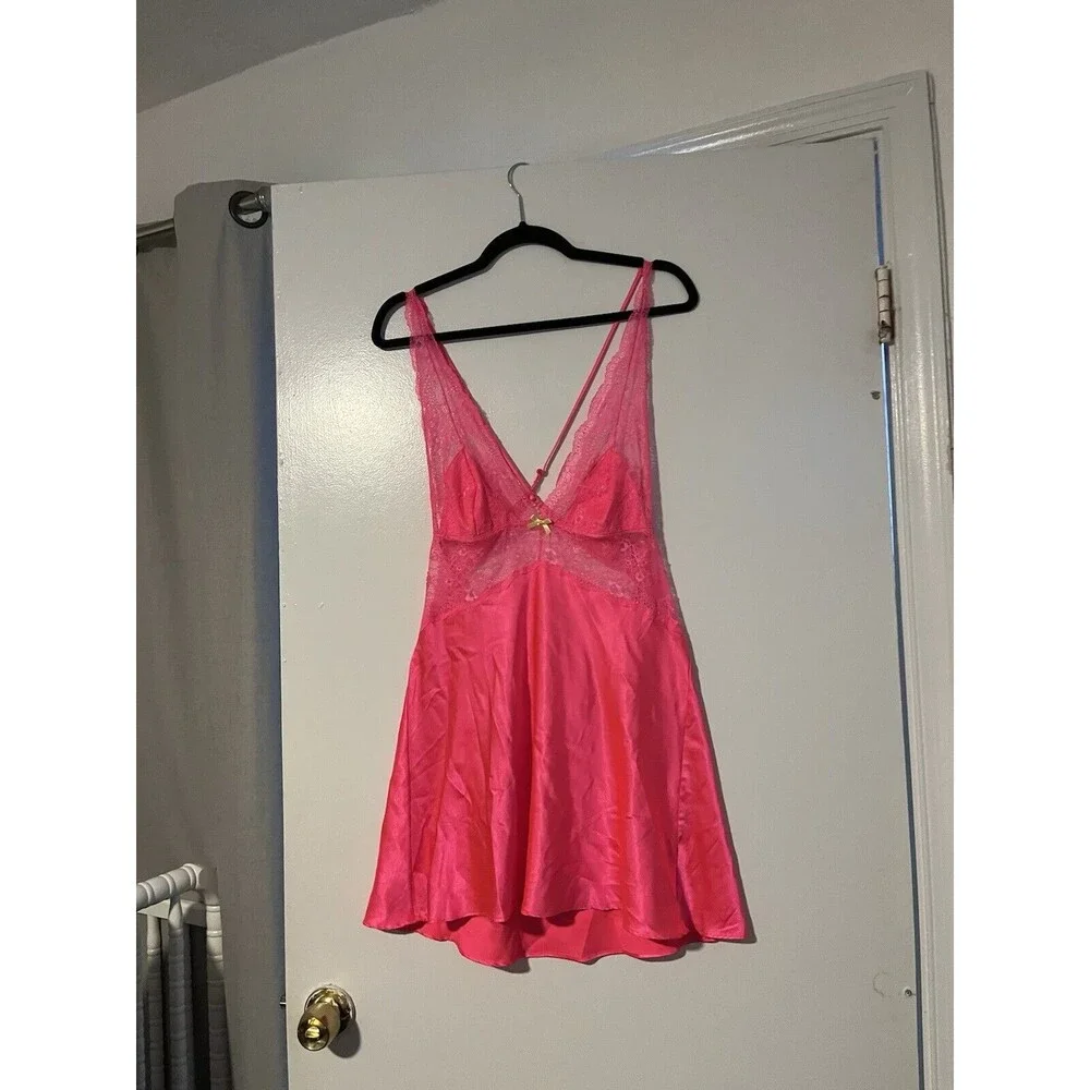 Victorias Secret Hot Pink Satin‎ Lace Slip Dress Crossback Negligee Bow